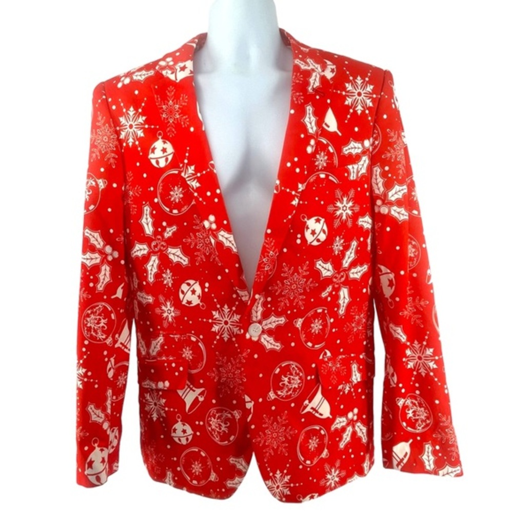 Suslo Couture Mens Red Christmas Blazer Single Button 44R Slim Fit